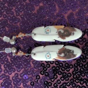 Carved Bone Feather Hand Painted Earrings Bicone Crystal Accents